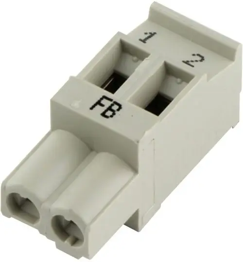 Bosch Anschlussklemme in grau mit zwei Steckplätzen, beschriftet mit den Zahlen 1 und 2 sowie der Bezeichnung FB, für elektrische Verbindungen.